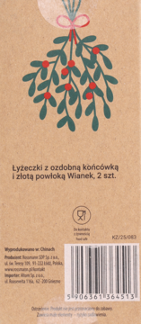Tył brązowego opakowania łyżeczek Wianek, 2 szt., ze złotą powłoką, grafika jemioły i kod kreskowy.