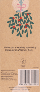 Tył opakowania widelczyków "Wianek", 2 szt. z ozdobną końcówką, na brązowym tle rysunek jemioły z jagodami.