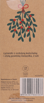 Tył brązowego opakowania na łyżeczki Gwiazdka ze złotą powłoką (2 szt.). U góry jemioła, niżej kod kreskowy.