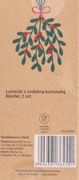 Tylna strona brązowego opakowania zestawu dwóch świątecznych łyżeczek Renifer, z ilustracją jemioły i kodem.