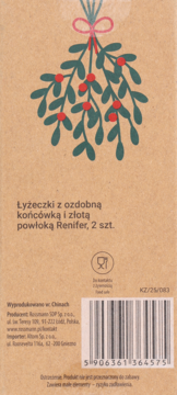 Przednie opakowanie dekoracyjnych łyżeczek Renifer, brązowe, z grafiką jemioły, złote końcówki.