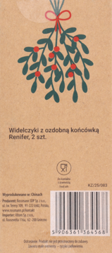 Tył brązowego opakowania 2 widelczyków z ozdobną końcówką Renifer, z grafiką jemioły i kodem kreskowym.