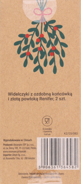 Opakowanie widelczyków Renifer, 2 szt. z ozdobną końcówką i złotą powłoką. Na brązowym tle ilustracja jemioły.