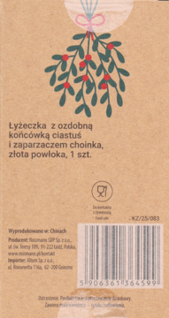 Tył opakowania łyżeczki-zaparzacza choinka, złota powłoka, na brązowym papierze z jemiołą.