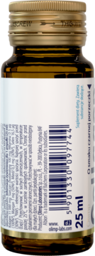 Olimp Collagen Stawy Shot, tył butelki 25 ml z etykietą, składnikami i kodem kreskowym, smak czarnej porzeczki.