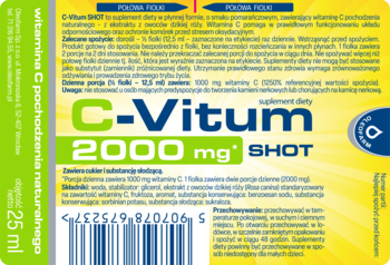 Etykieta C-Vitum 2000 mg SHOT, witamina C 25 ml. Widok tyłu z kodem kreskowym, zielono-niebieska.