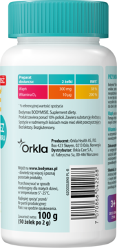 Tył białej butelki żelków Bodymax Bodymisie Wapń+witamina D3, z tabelą składników i danymi producenta Orkla.