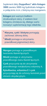 Ulotka Doppelherz Kolagen 3000, białe, błękitne i różowe bloki tekstu o składnikach i ich korzyściach.
