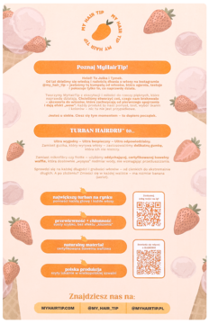 Różowy, bawełniany turban MyHairTip Turban Hairdry™ 1.0, promowany na plakacie z truskawkami i lodami.