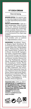 VT CICA CREAM, krem do twarzy. Tył opakowania z etykietą, widoczne składniki, instrukcje i dane producenta.