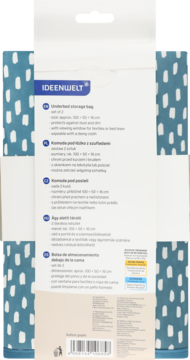 Tył opakowania niebieskiej torby do przechowywania pod łóżko ideenwelt z białymi wzorami i informacjami o produkcie.