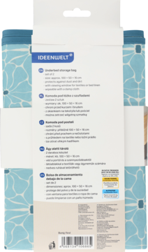 Tył białego opakowania IDEENWELT torby pod łóżko (100x50x16 cm) z niebieskim tekstem.