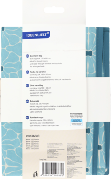 Tył opakowania torby na ubrania IDEENWELT. Biała etykieta z wielojęzycznym opisem, na tle niebieskiego wzoru wody.