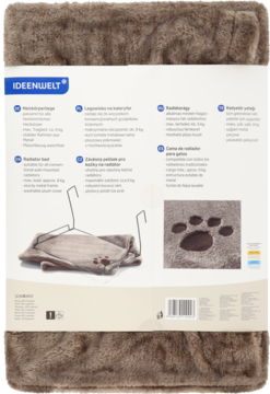 Tył opakowania: futrzane legowisko dla kota IDEENWELT na kaloryfer, brązowe, z widocznym stelażem i śladem łapy.