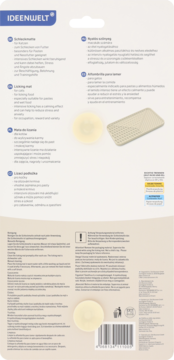 Tył opakowania maty do lizania Ideenwelt, beżowe maty – okrągła gładka, prostokątna z wypustkami.