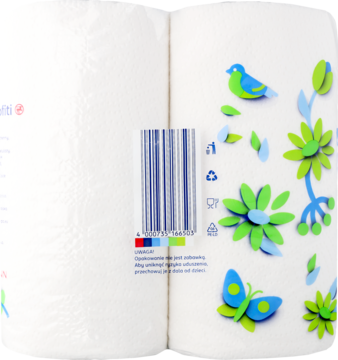 Dwa białe, 2-warstwowe ręczniki kuchenne 100% celulozy w opakowaniu z kolorowymi kwiatami i ptakami, widok z boku.