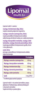 Etykieta suplementu diety Lipomal multi 6+ w płynie, wspierającego odporność, z listą składników, widok z przodu.