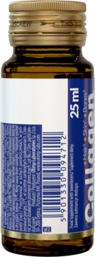 Bursztynowa butelka suplementu diety Collagen 25 ml, widok od tyłu z białymi etykietami i kodem kreskowym.