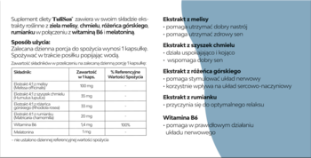 TuliSen z melatoniną, ulotka ze składnikami aktywnymi: melisa, chmiel, rumianek, witamina B6. Biało-niebieskie tło.