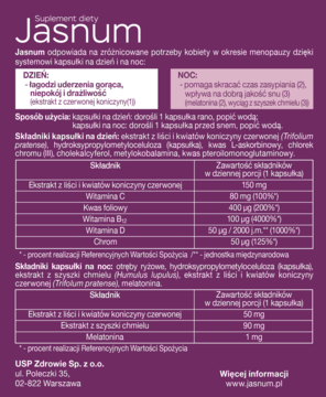 JASNUM ,kapsułki łagodzące objawy menopauzy, 30+30 na dzień i na noc, suplement diety,tył