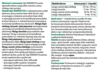 Ulotka suplementu Ulgix Trawienie Plus: składniki aktywne, dawkowanie, opis działania, biały arkusz tekstu.
