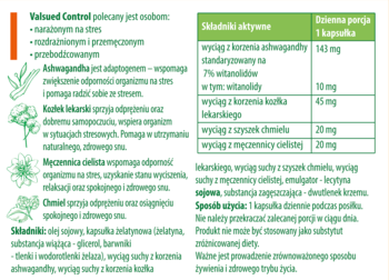 Valused Control: tabelka składników aktywnych, m.in. ashwagandhy i kozłka lekarskiego, z opisem działania na stres i sen.
