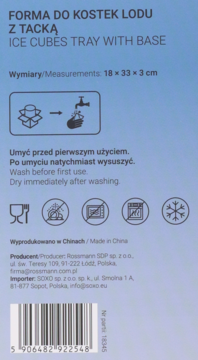 Tył opakowania formy do kostek lodu z tacką, z instrukcjami mycia, symbolami i kodem kreskowym na niebieskim tle.