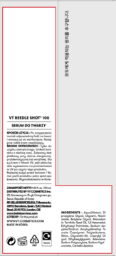 Tył opakowania serum do twarzy VT Reedle Shot 100 z polskimi instrukcjami i listą składników.