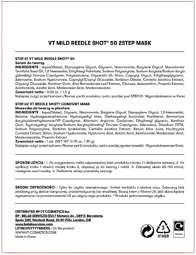 Tył białego opakowania maski VT Mild Reedle Shot 50 2Step Mask z listą składników i instrukcją użycia.