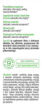 Etykieta suplementu diety Igastrik. Opis działania na trawienie, wątrobę i jelita. Zawiera 9 aktywnych składników.