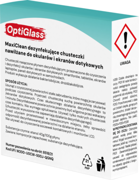OPTI GLASS MaxiClean ,chusteczki dezynfekujące nawilżane do okularów i ekranów dotykowych,tył