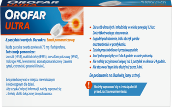 Orofar ULTRA, pastylki na ból gardła o smaku pomarańczowym, w niebiesko-białym opakowaniu. Widok przodu.