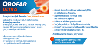 Orofar Ultra pastylki na ból gardła, smak pomarańczowy, z flurbiprofenem 8,75mg, na białym tle, widok z przodu.