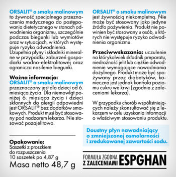 Fragment ulotki Orsalit malinowy: informacja o dawkowaniu, przeciwwskazaniach, składzie zgodnym z ESPGHAN.