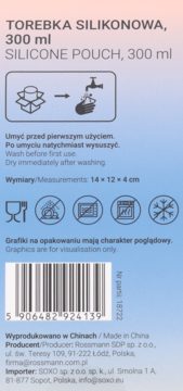 Widok etykiety opakowania silikonowej torebki na żywność Eloy 300ml, z instrukcjami i ikonami.