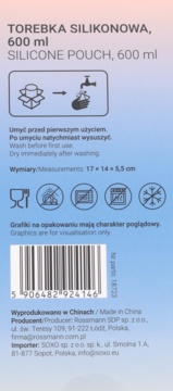 Tył opakowania silikonowej torebki 600 ml, z instrukcjami mycia, wymiarami i kodem kreskowym.