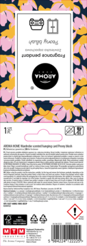Tył opakowania zapachowej zawieszki do szafy AROMA HOME Peony Blush, z kwiecistym wzorem, kodem kreskowym i ostrzeżeniami.