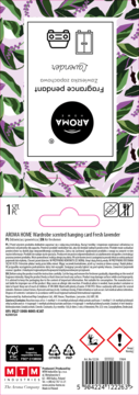 Tył opakowania lawendowej zawieszki AROMA HOME do szafy, z kodem kreskowym, ikonami zagrożeń, na różowo-zielonym tle.