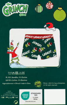 Tył zielonego opakowania bokserek The Grinch z wzorem Grincha i napisem 'GRINCH!'. Widoczne składy, pranie i certyfikat Oeko-Tex.
