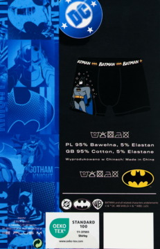 Czarne męskie bokserki Batman, 95% bawełny/5% elastanu, z kreskówkową grafiką, widok na metce.
