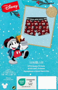 Tył opakowania bokserek Disney Mickey Mouse. Czerwone, świąteczny wzór. Miki w czapce Mikołaja, skład: 95% bawełna.
