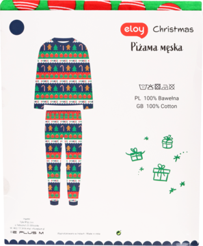 Men's Eloy Christmas pajamas set: blue long-sleeve top and pants with festive trees and candy cane pattern.