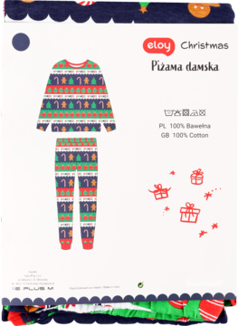 Eloy Christmas piżama damska 100% bawełna, granatowa z wzorem w pierniki, cukierki i choinki, na białym tle.