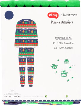 Granatowa, bawełniana piżama chłopięca Eloy Christmas z cukierekami i choinkami, widok z przodu.