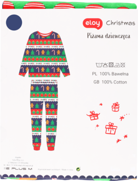 Dziewczęca piżama Eloy Christmas z granatowym wzorem w choinki, pierniczki i laski cukrowe, widok z przodu.