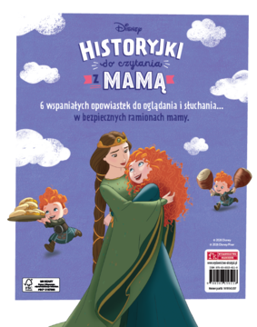 Okładka książki Disney "HISTORYJKI do czytania z MAMĄ" dla dzieci. Merida z mamą, fioletowe tło z chmurami, 6 opowieści.