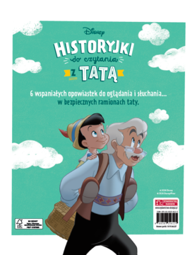 Okładka książki Disney Historyjki z Tatą: Pinokio na plecach Dżeppetto, turkusowe tło z chmurami.