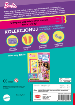 Tył książki Barbie o muzyce, tańcu i modzie; przedstawia akcesoria (boombox, getry) i magazyn. Cena 36,99 zł.