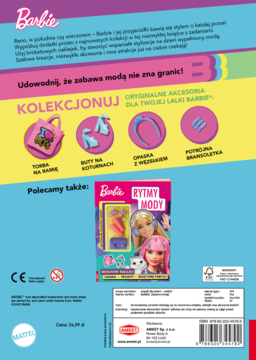 Tył magazynu Barbie z ofertą akcesoriów: torebka, buty na koturnach, opaska i bransoletka. Żółto-różowe tło.