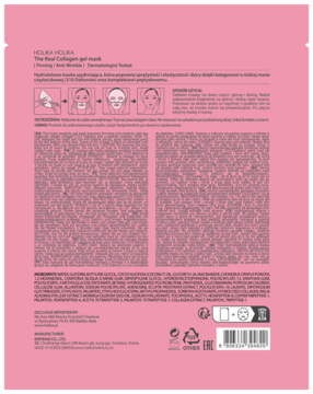 Tył różowej Holika Holika The Real Collagen gel mask w płachcie z opisem i składnikami.